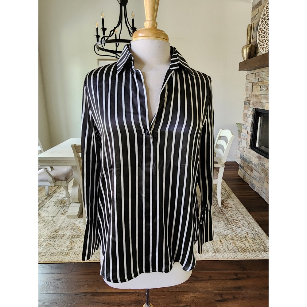 Catherine Gee Cat Daria Blouse Black White Striped Silk Satin Shirt XS New $265‎